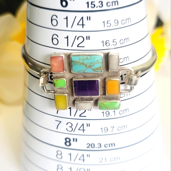 UNIQUE VINTAGE MULTI STONES SOUTHWESTERN STERLING SILVER BRACELET - Picture 4 of 4